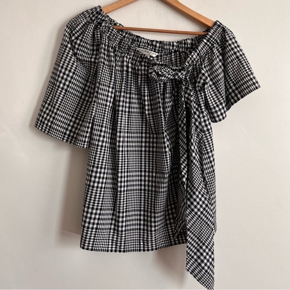 Trina Turk Gingham Blue Black And White Asymmetric Off Shoulder Bow Front Top - Picture 1 of 5